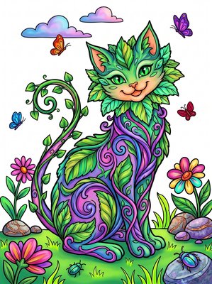 Finished example of the Color by Number page: Herb Cat