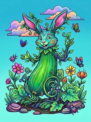 Finished example of the Color by Number page: Zucchini Rabbit