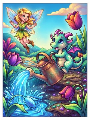 Finished example of the Color by Number page: Watering Can Trouble