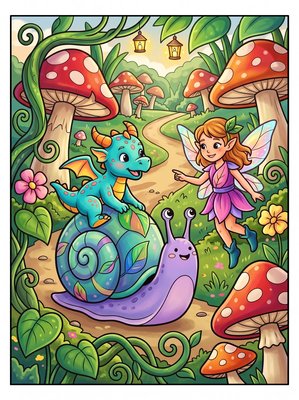 Finished example of the Color by Number page: Mushroom Grove Ride