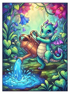 Finished example of the Color by Number page: Watering Time
