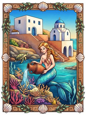 Finished example of the Color by Number page: Santorini Mermaid Village Greece
