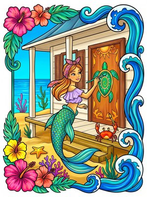 Finished example of the Color by Number page: Colorful Mermaid Village Caribbean