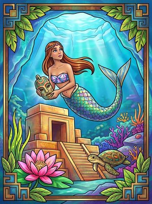 Finished example of the Color by Number page: Cenote Mermaid Village Mexico