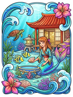 Finished example of the Color by Number page: Okinawa Mermaid Village Japan