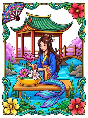 Finished example of the Color by Number page: Underwater Tea Garden Japan