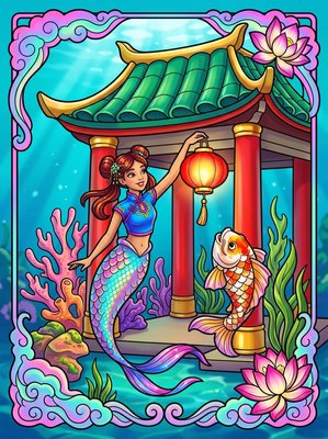 Finished example of the Color by Number page: Pearl Lantern Mermaid Village China
