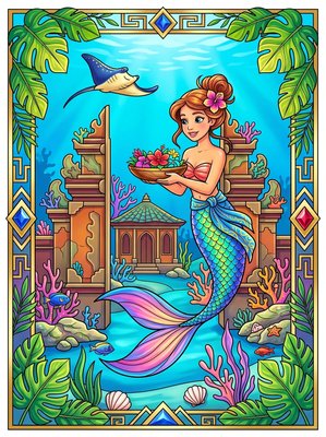 Finished example of the Color by Number page: Bali Mermaid Village Indonesia