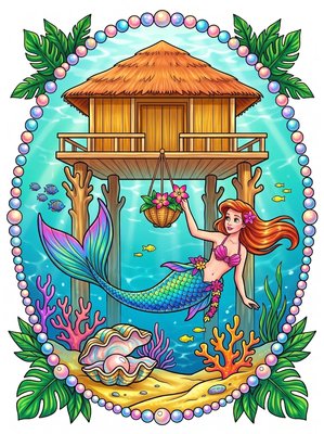 Finished example of the Color by Number page: Lagoon Mermaid Village Maldives
