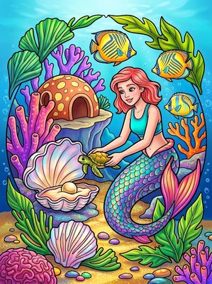 Finished example of the Color by Number page: Great Barrier Reef Mermaid Village Australia
