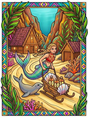Finished example of the Color by Number page: Fjord Mermaid Village Norway