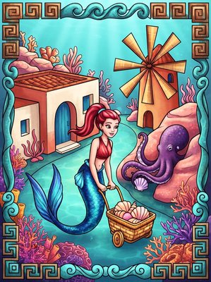 Finished example of the Color by Number page: Mykonos Mermaid Village Greece