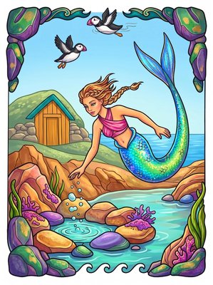 Finished example of the Color by Number page: Icelandic Mermaid Village Iceland