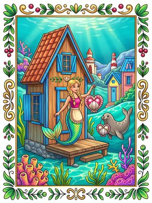 Finished example of the Color by Number page: Cozy Mermaid Village Sweden