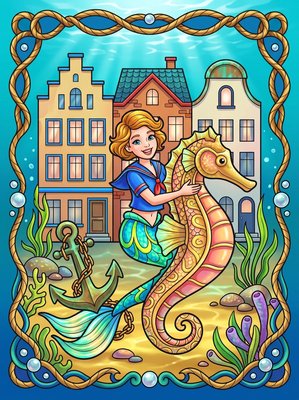 Finished example of the Color by Number page: Harbor Mermaid Village Denmark