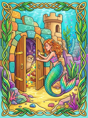 Finished example of the Color by Number page: Scottish Mermaid Village Scotland