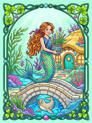 Finished example of the Color by Number page: Sea Garden Mermaid Village Ireland