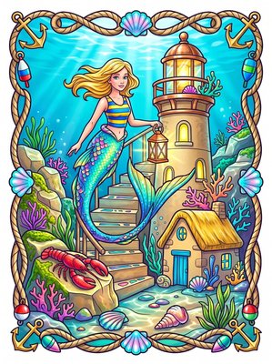 Finished example of the Color by Number page: Cornwall Mermaid Harbor England