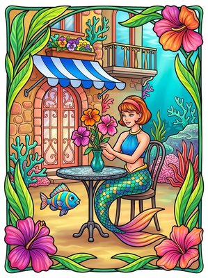 Finished example of the Color by Number page: Riviera Mermaid Village France