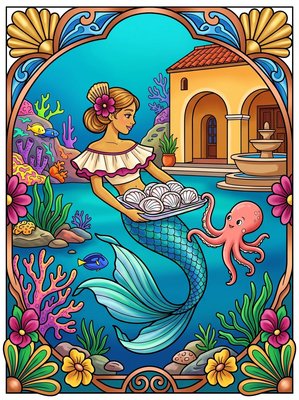 Finished example of the Color by Number page: Mediterranean Mermaid Plaza Spain