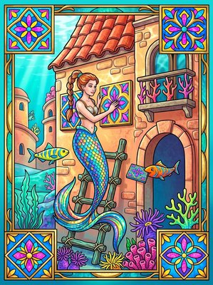 Finished example of the Color by Number page: Portuguese Mermaid Village Portugal