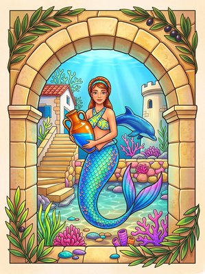 Finished example of the Color by Number page: Adriatic Mermaid Village Croatia