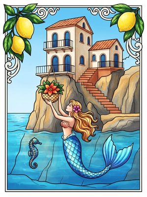 Finished example of the Color by Number page: Amalfi Mermaid Village Italy