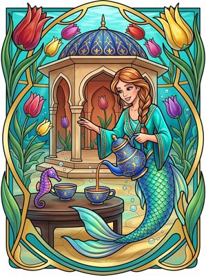 Finished example of the Color by Number page: Underwater Tea Courtyard Türkiye