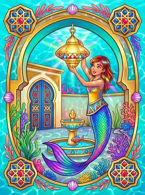 Finished example of the Color by Number page: Moroccan Mermaid Courtyard Morocco