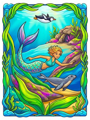 Finished example of the Color by Number page: Kelp Forest Mermaid Village South Africa