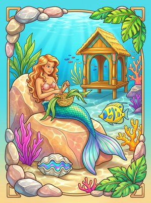 Finished example of the Color by Number page: Island Mermaid Village Seychelles
