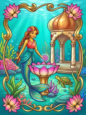 Finished example of the Color by Number page: Lotus Mermaid Village India