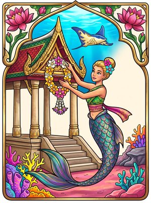 Finished example of the Color by Number page: Sea Flower Mermaid Village Thailand