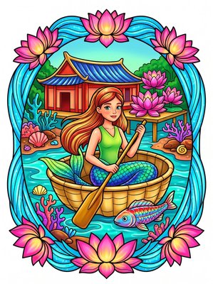 Finished example of the Color by Number page: Lagoon Mermaid Village Vietnam