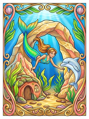 Finished example of the Color by Number page: Ocean Arch Mermaid Village New Zealand