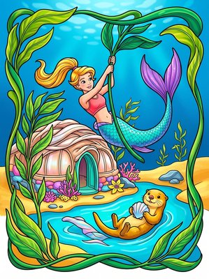 Finished example of the Color by Number page: Kelp Village California
