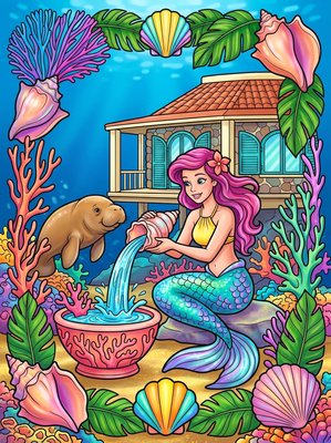 Finished example of the Color by Number page: Coral Garden Mermaid Village Florida Keys