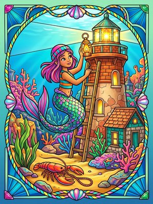 Finished example of the Color by Number page: Lighthouse Mermaid Village Maine
