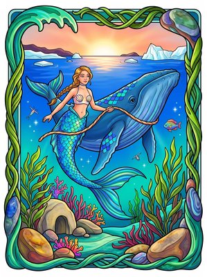 Finished example of the Color by Number page: Whale Mermaid Village Alaska