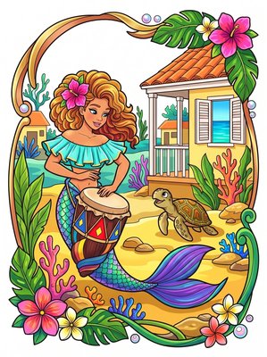 Finished example of the Color by Number page: Tropical Mermaid Village Brazil