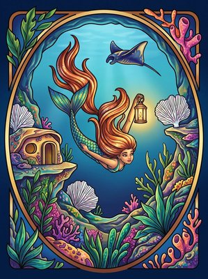 Finished example of the Color by Number page: Blue Hole Mermaid Village Belize