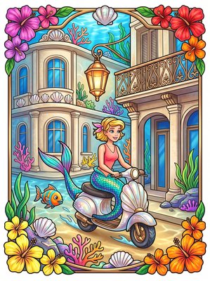 Finished example of the Color by Number page: Colorful Mermaid Village Cuba