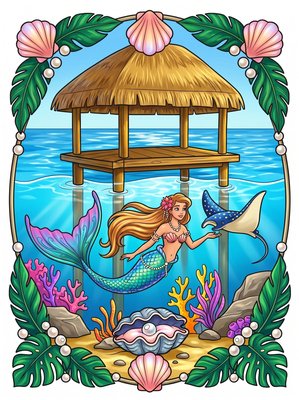 Finished example of the Color by Number page: Lagoon Mermaid Village Bora Bora