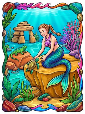 Finished example of the Color by Number page: Wildlife Mermaid Village Galapagos