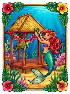 Finished example of the Color by Number page: Tropical Mermaid Village Hawaii