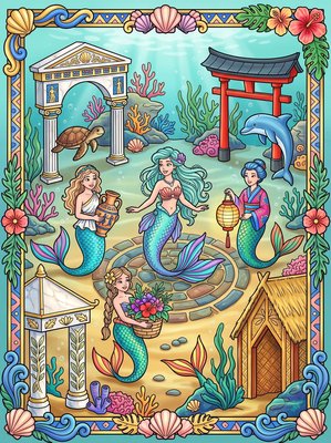 Finished example of the Color by Number page: Mermaid Villages Around the World