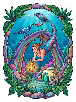 Finished example of the Color by Number page: Maui Mermaid Village Hawaii