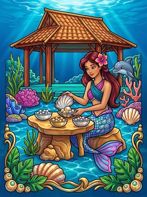 Finished example of the Color by Number page: Pearl Mermaid Village Tahiti