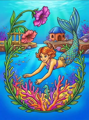 Finished example of the Color by Number page: Coral Garden Mermaid Village Fiji