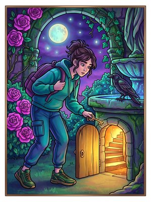 Finished example of the Color by Number page: Raven Key